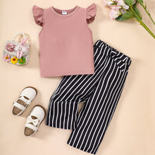 Load image into Gallery viewer, Baby Girl Round Neck Butterfly Sleeve Top and Striped Pants Set