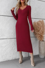 Load image into Gallery viewer, V-Neck Long Sleeve Ribbed Sweater Dress