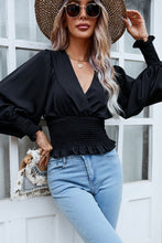 Load image into Gallery viewer, Surplice Neck Frill Trim Lantern Sleeve Smocked Waist Blouse