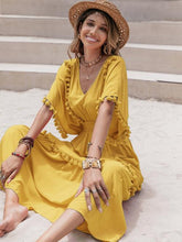 Load image into Gallery viewer, Tassel Trim Smocked V-Neck Short Sleeve Dress