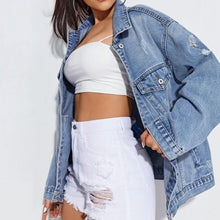 Load image into Gallery viewer, Collared Neck Button-Up Distressed Denim Jacket