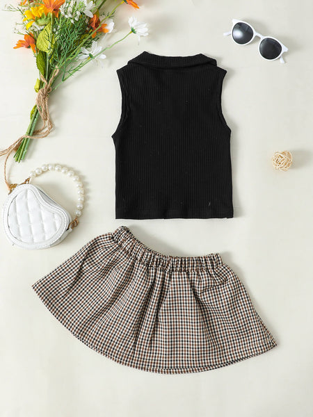 Baby Girl Ribbed Sleeveless Top and Plaid Skirt Set