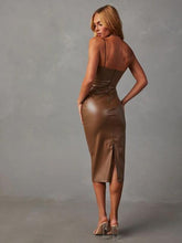 Load image into Gallery viewer, PU Slit Midi Dress