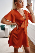 Load image into Gallery viewer, Tie Front Plunge Flutter Sleeve Mini Dress