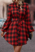 Load image into Gallery viewer, Plaid Tie Waist Balloon Sleeve Mini Dress