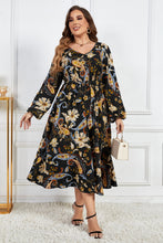 Load image into Gallery viewer, Plus Size Floral Print Tie Belt Balloon Sleeve Midi Dress