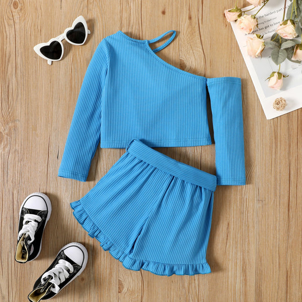 Baby Girl Ribbed Top and Belted Ruffle Hem Shorts Set