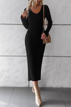 Load image into Gallery viewer, V-Neck Long Sleeve Ribbed Sweater Dress