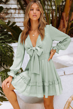 Load image into Gallery viewer, Tied Plunge Smocked Waist Flounce Sleeve Dress
