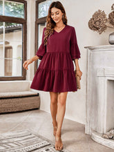 Load image into Gallery viewer, V-Neck Three-Quarter Flounce Sleeve Tiered Dress