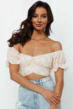 Load image into Gallery viewer, Flower Print Ruffle Trim Off-Shoulder Back Tie Blouse