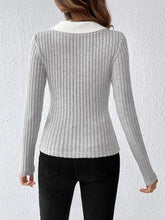 Load image into Gallery viewer, Ribbed Contrast Johnny Collar Long Sleeve Blouse