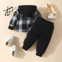 Load image into Gallery viewer, Kids Plaid Button Up Hooded Shacket and Pants Set