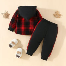 Load image into Gallery viewer, Kids Plaid Button Up Hooded Shacket and Pants Set