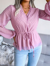 Load image into Gallery viewer, Swiss Dot Frill Trim Drawstring Waist Peplum Blouse