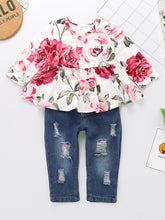 Load image into Gallery viewer, Baby Girl Printed Round Neck Long Sleeve Blouse and Distressed Jeans Set
