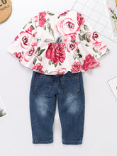 Load image into Gallery viewer, Baby Girl Printed Round Neck Long Sleeve Blouse and Distressed Jeans Set