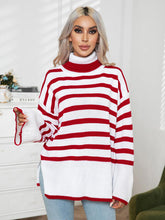 Load image into Gallery viewer, Striped Slit Turtleneck Drop Shoulder Sweater
