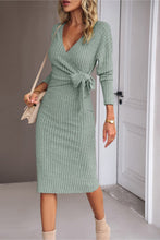Load image into Gallery viewer, Surplice Neck Tied Ribbed Dress