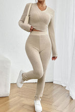 Load image into Gallery viewer, Ribbed V-Neck Long Sleeve Cropped Top and Pants Set