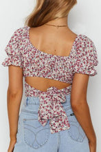 Load image into Gallery viewer, Flower Print Ruffle Trim Off-Shoulder Back Tie Blouse