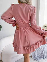 Load image into Gallery viewer, Tie Front Smocked Waist Flounce Sleeve Dress