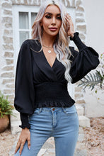 Load image into Gallery viewer, Surplice Neck Frill Trim Lantern Sleeve Smocked Waist Blouse