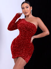 Load image into Gallery viewer, Sequin One-Shouler Tulip Hem Bodycon Dress