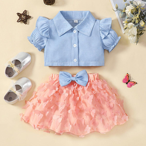Baby Girl Ruffle Shoulder Shirt and Butterfly Applique Skirt Set