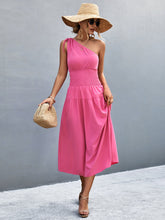 Load image into Gallery viewer, Asymmetrical One Shoulder Smocked Waist Midi Dress