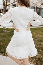 Load image into Gallery viewer, Pompom Trim Puff Sleeve Belted Lace Dress