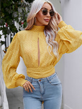 Load image into Gallery viewer, Swiss Dot Cutout Smocked Mock Neck Blouse