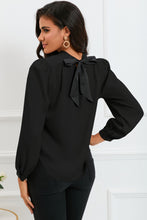 Load image into Gallery viewer, Round Neck Puff Sleeve Back Tie Blouse
