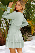 Load image into Gallery viewer, Tied Plunge Smocked Waist Flounce Sleeve Dress
