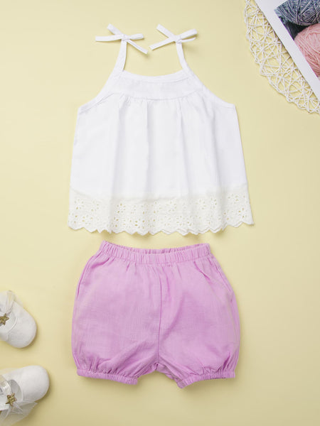 Baby Girl Spliced Lace Cami and Elastic Waist Shorts Set