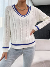 Load image into Gallery viewer, Contrast V-Neck Cable-Knit Sweater