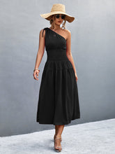 Load image into Gallery viewer, Asymmetrical One Shoulder Smocked Waist Midi Dress