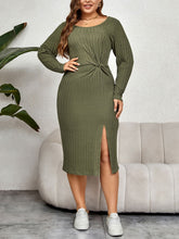 Load image into Gallery viewer, Plus Size Ribbed Round Neck Twisted Slit Midi Dress