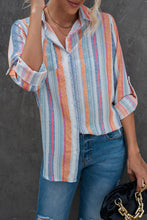 Load image into Gallery viewer, Striped Button-Up Curved Hem Shirt with Breast Pocket