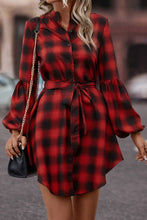 Load image into Gallery viewer, Plaid Tie Waist Balloon Sleeve Mini Dress