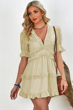 Load image into Gallery viewer, Frill Trim Short Puff Sleeve Plunge Dress