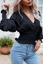 Load image into Gallery viewer, Surplice Neck Frill Trim Lantern Sleeve Smocked Waist Blouse