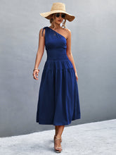 Load image into Gallery viewer, Asymmetrical One Shoulder Smocked Waist Midi Dress