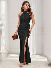 Load image into Gallery viewer, Slit Ruched Halter Neck Sleeveless Dress