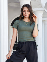 Load image into Gallery viewer, Round Neck Short Sleeve Side Drawstring Tee