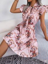 Load image into Gallery viewer, Pleated Floral Printed Tie Neck Knee Length Dress