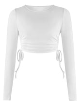Load image into Gallery viewer, Drawstring Round Neck Long Sleeve Cropped Top