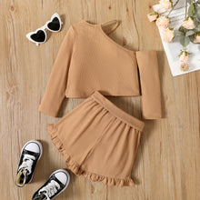 Load image into Gallery viewer, Baby Girl Ribbed Top and Belted Ruffle Hem Shorts Set