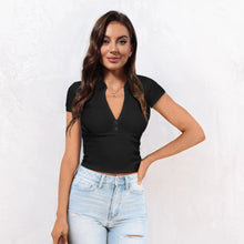 Load image into Gallery viewer, Buttoned Johnny Collar Short Sleeve Top