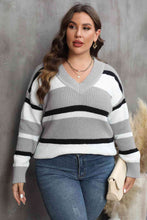 Load image into Gallery viewer, Plus Size Striped V-Neck Dropped Shoulder Sweater